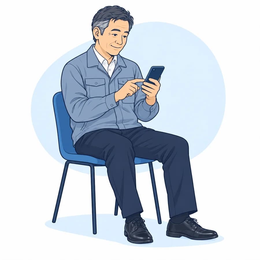 白い襟付きシャツに作業上着を羽織り、スマートフォンで質問に回答する50代の男性経営者