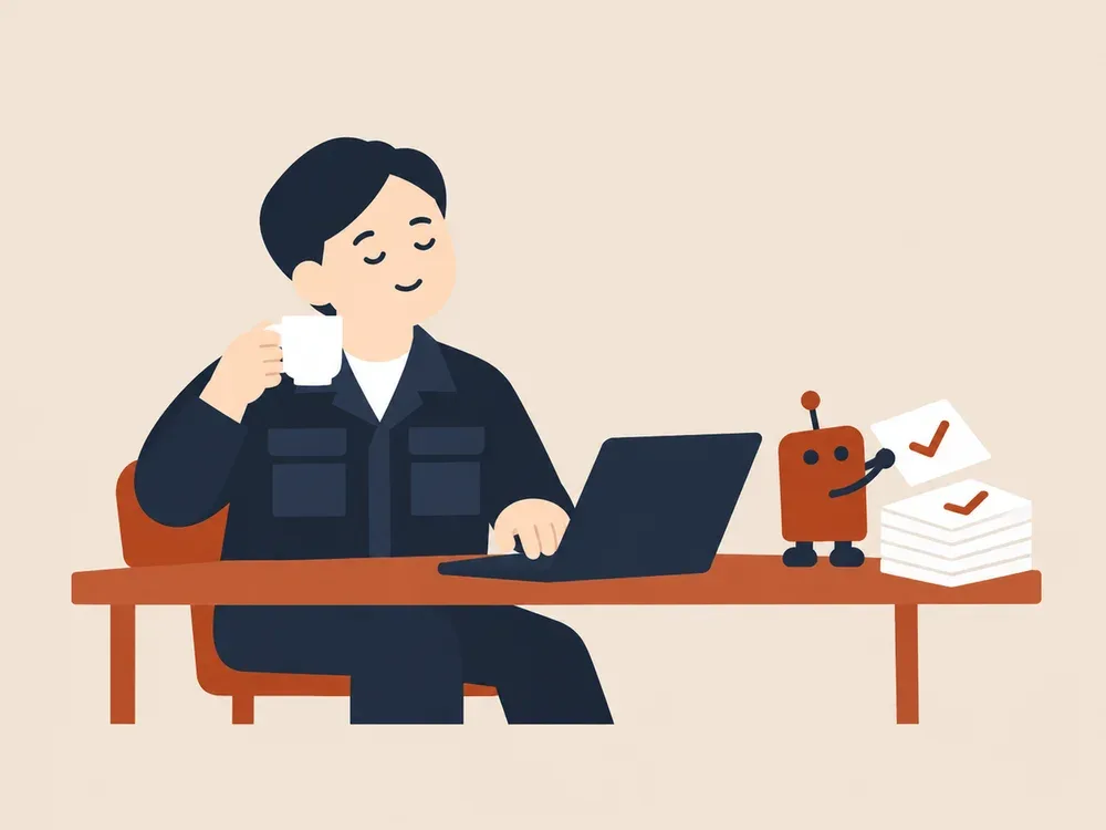 お茶を飲みながらボタンを押す社長と、書類を片づけるAIエージェント