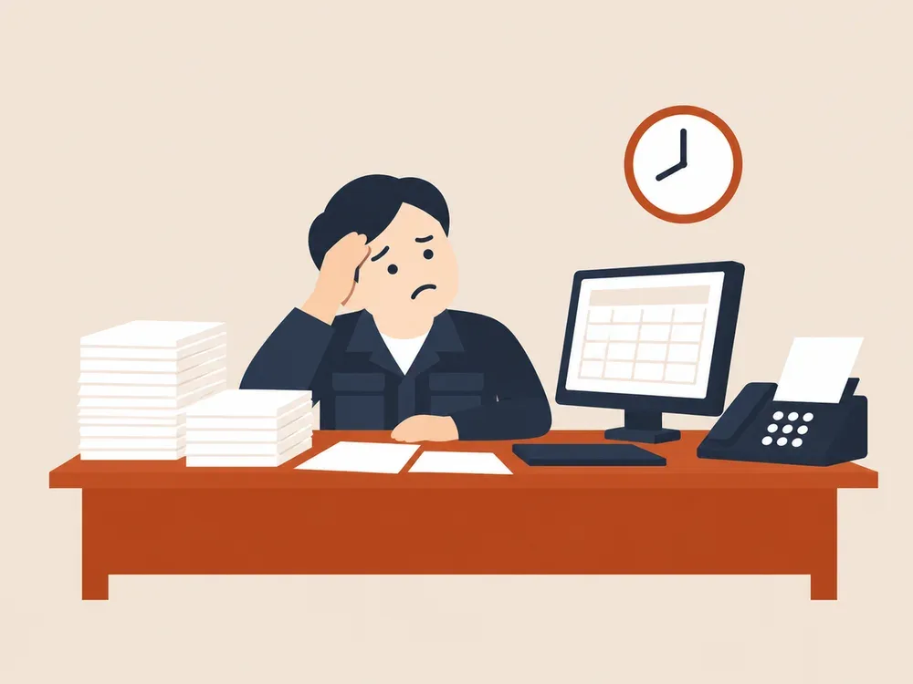 書類やFAXに埋もれて頭を抱える社長